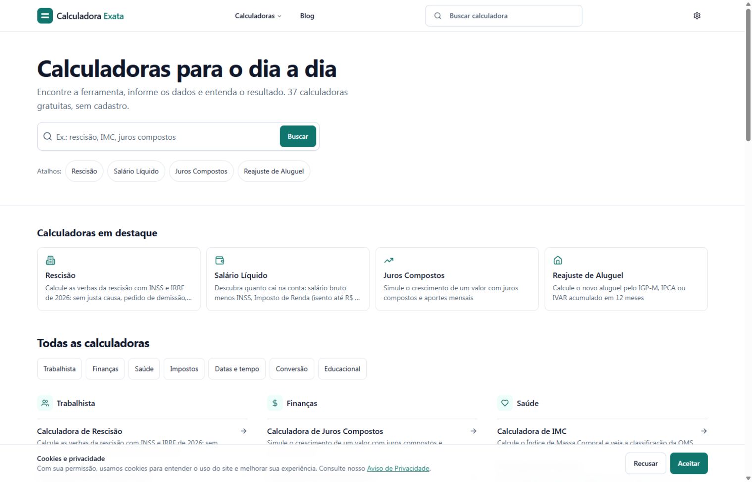 Captura da página pública de Calculadora Exata, em 04/10/2026