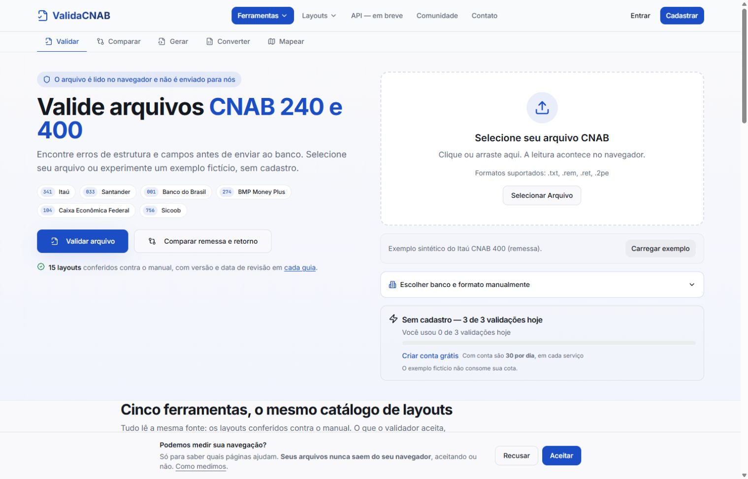 Captura da página pública de ValidaCNAB, em 04/10/2026
